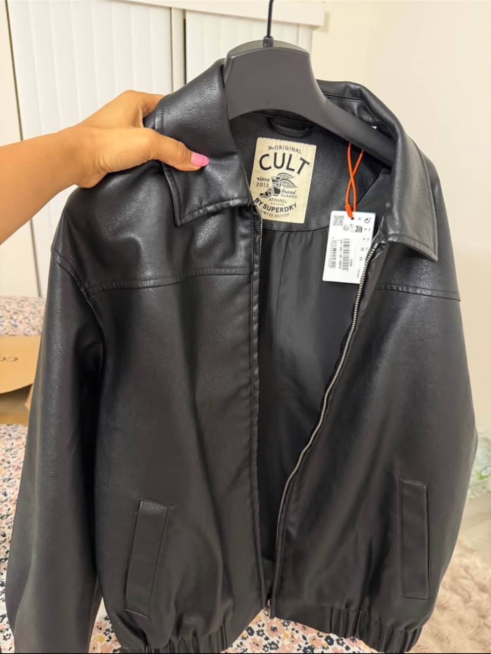 Superdry Black Collared Oversized Faux Leather Bomber Jacket